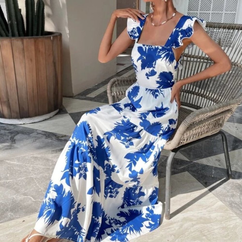 Boho floral butterfly sleeve ruffle hem tie back dress blue white - Picture 2 of 7